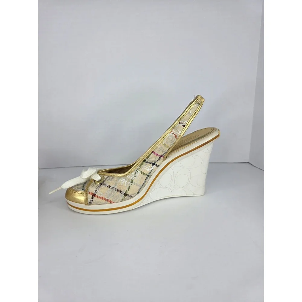 Coach Emilanna Wedge Sandals Womens 8.5B  Multi Plaid Canvas Gold Slingback